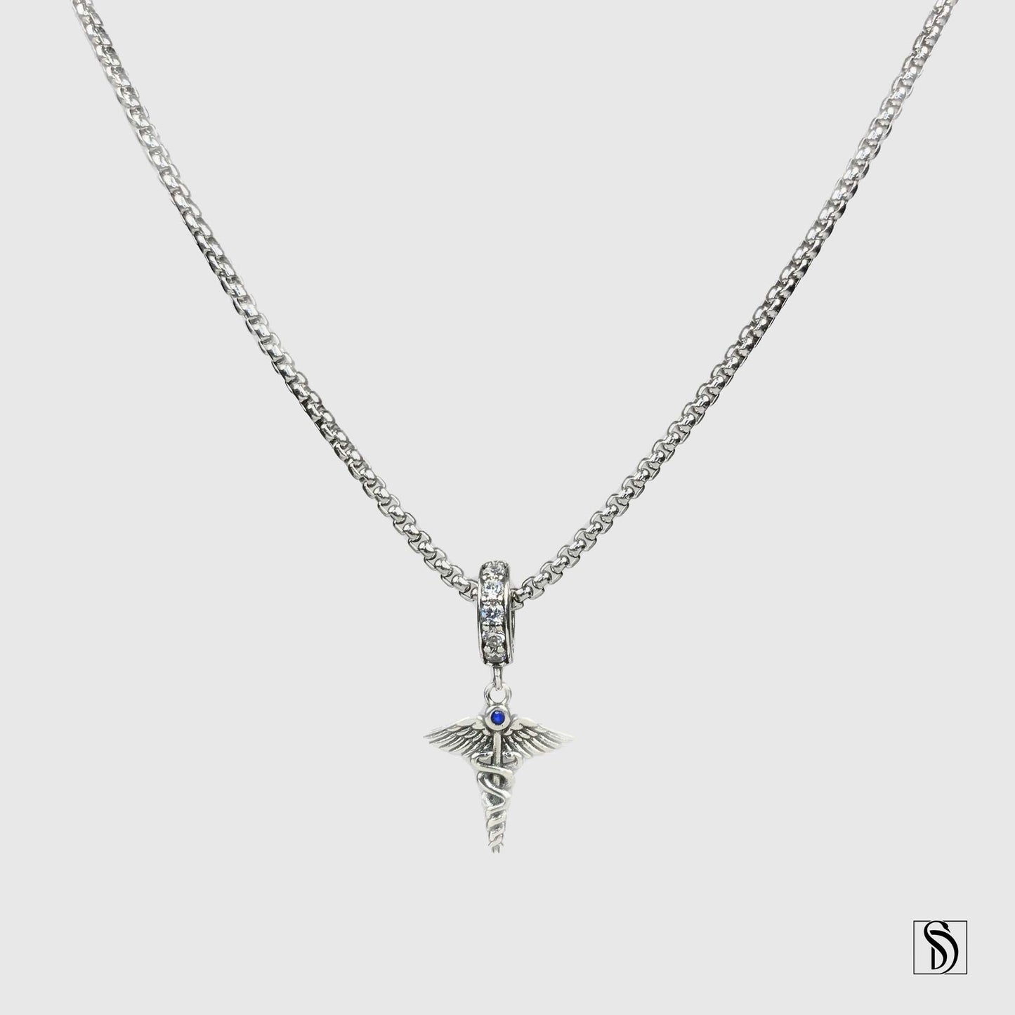 Silver Caduceus Staff Blue Gemstone Necklace