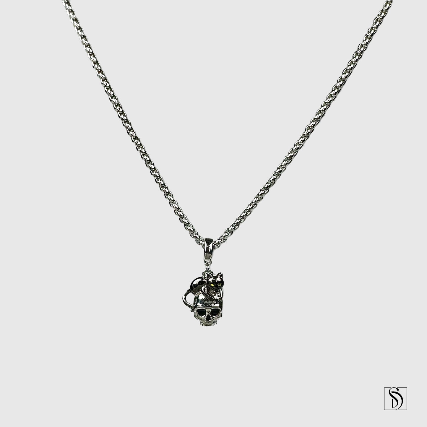 Silver Skull Black Kitten Pendant Necklace