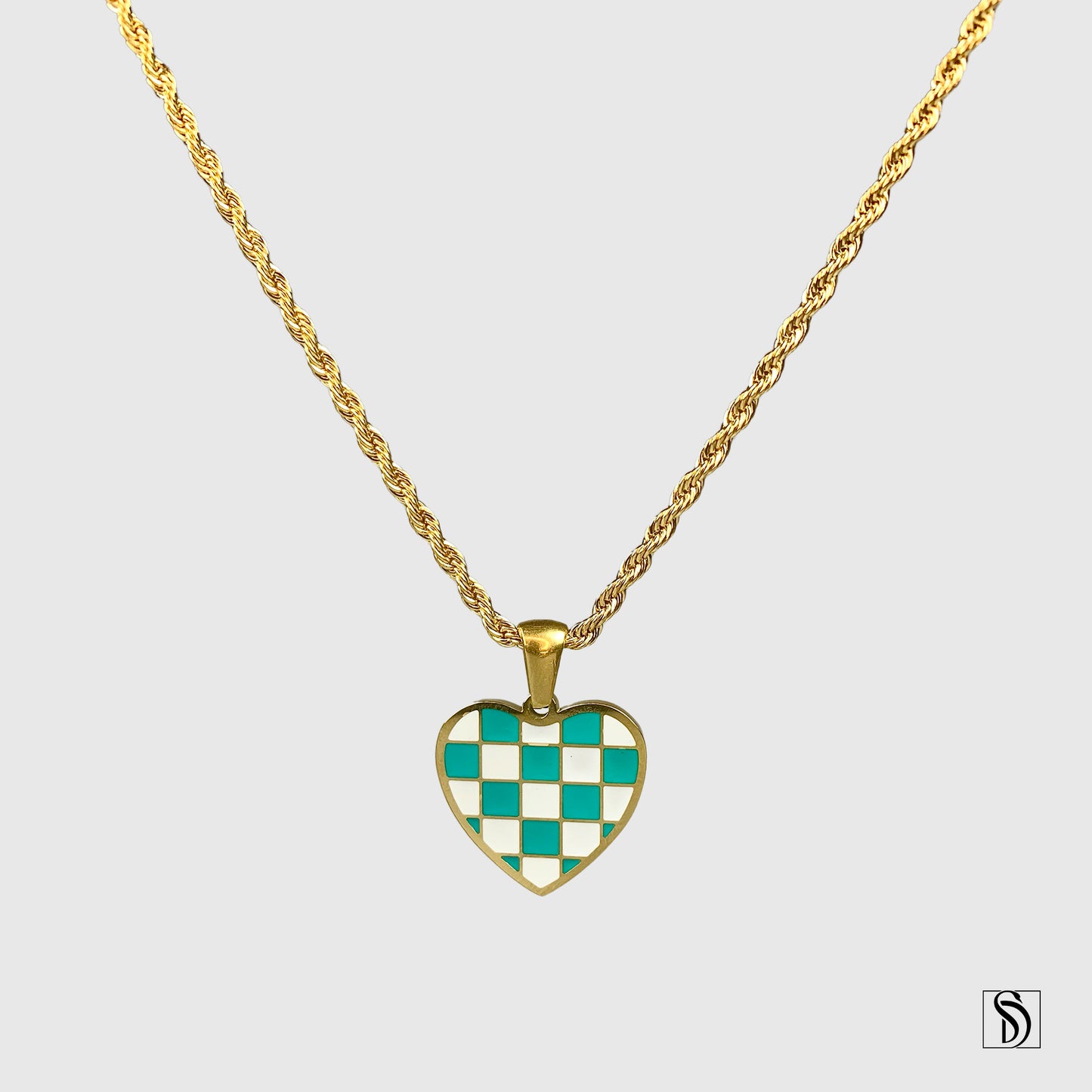 Gold Chess Board Heart Shape Pendant Necklace