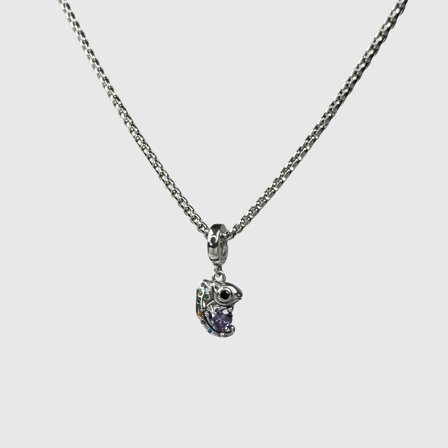 Colorful Gemstones Silver Chameleon Pendant Necklace