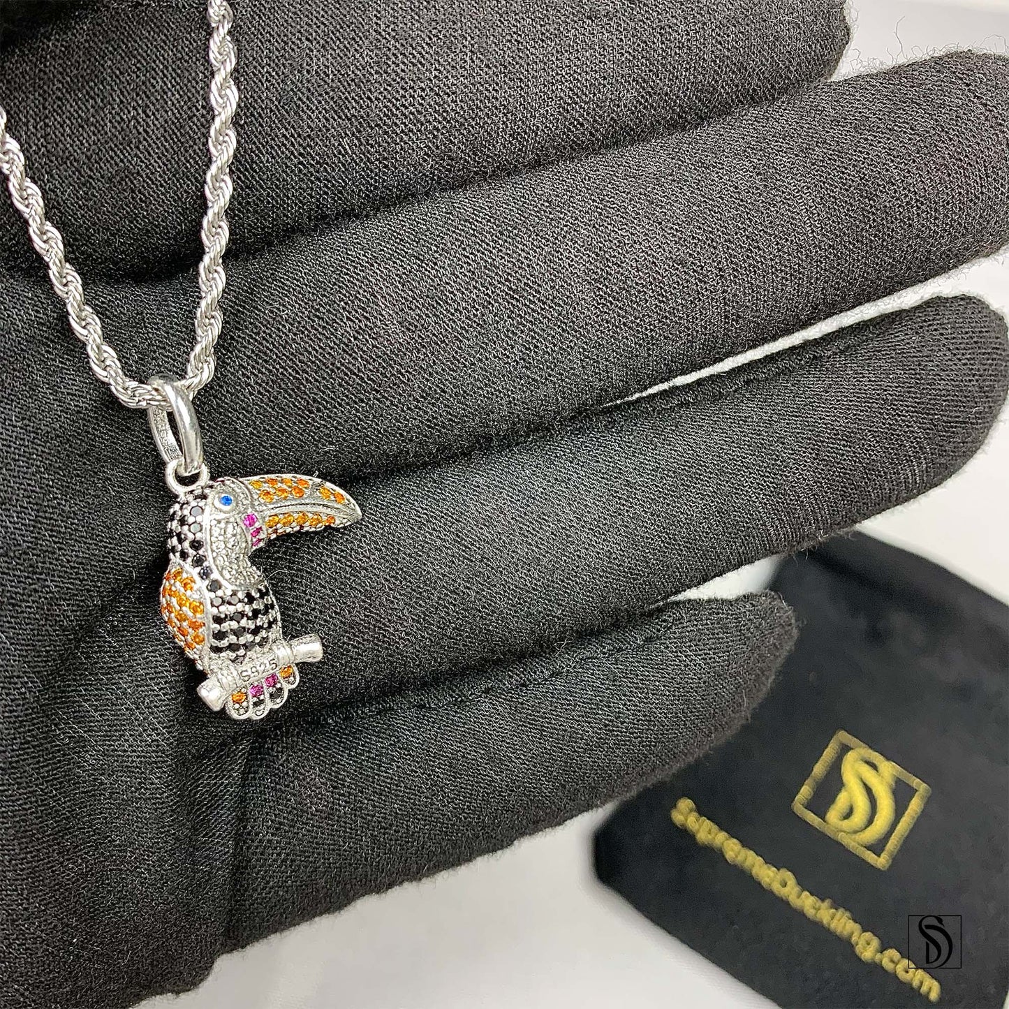 Rainbow Gemstone Toucan Bird Pendant Necklace