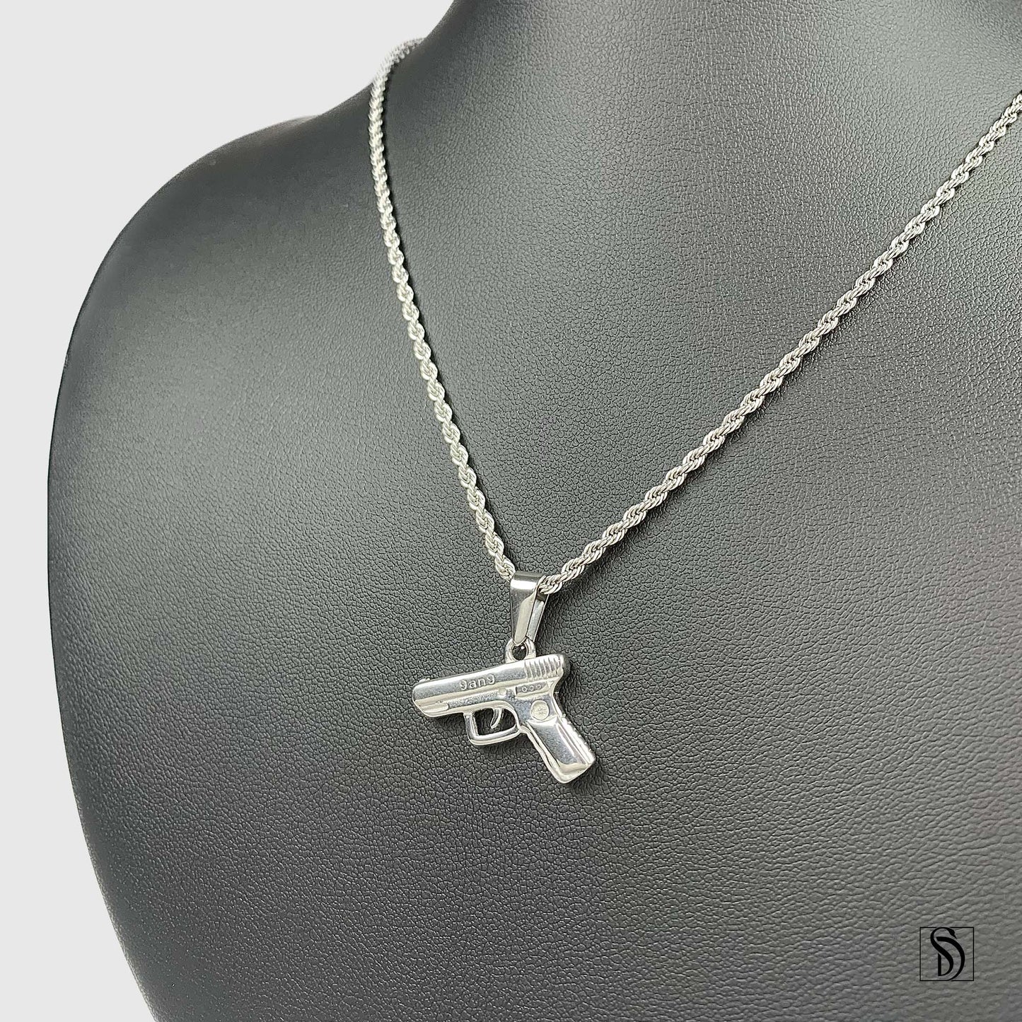 Silver 9mm Pistol Hand Gun Pendant Necklace