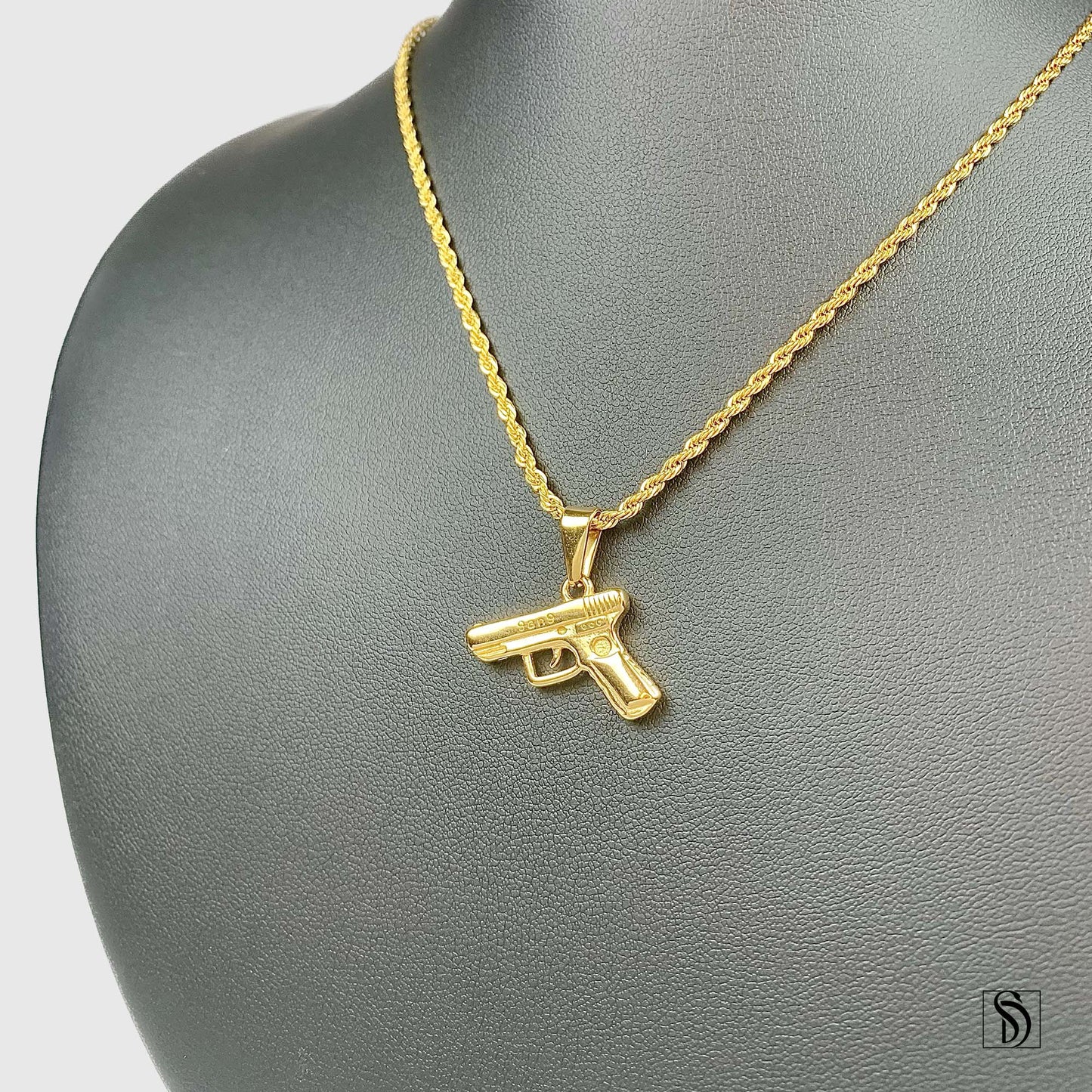 Gold 9mm Pistol Hand Gun Pendant Necklace