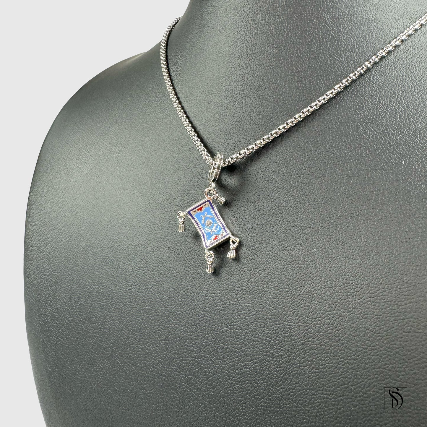 Silver Aladdin Inspired Flying Carpet Pendant Necklace